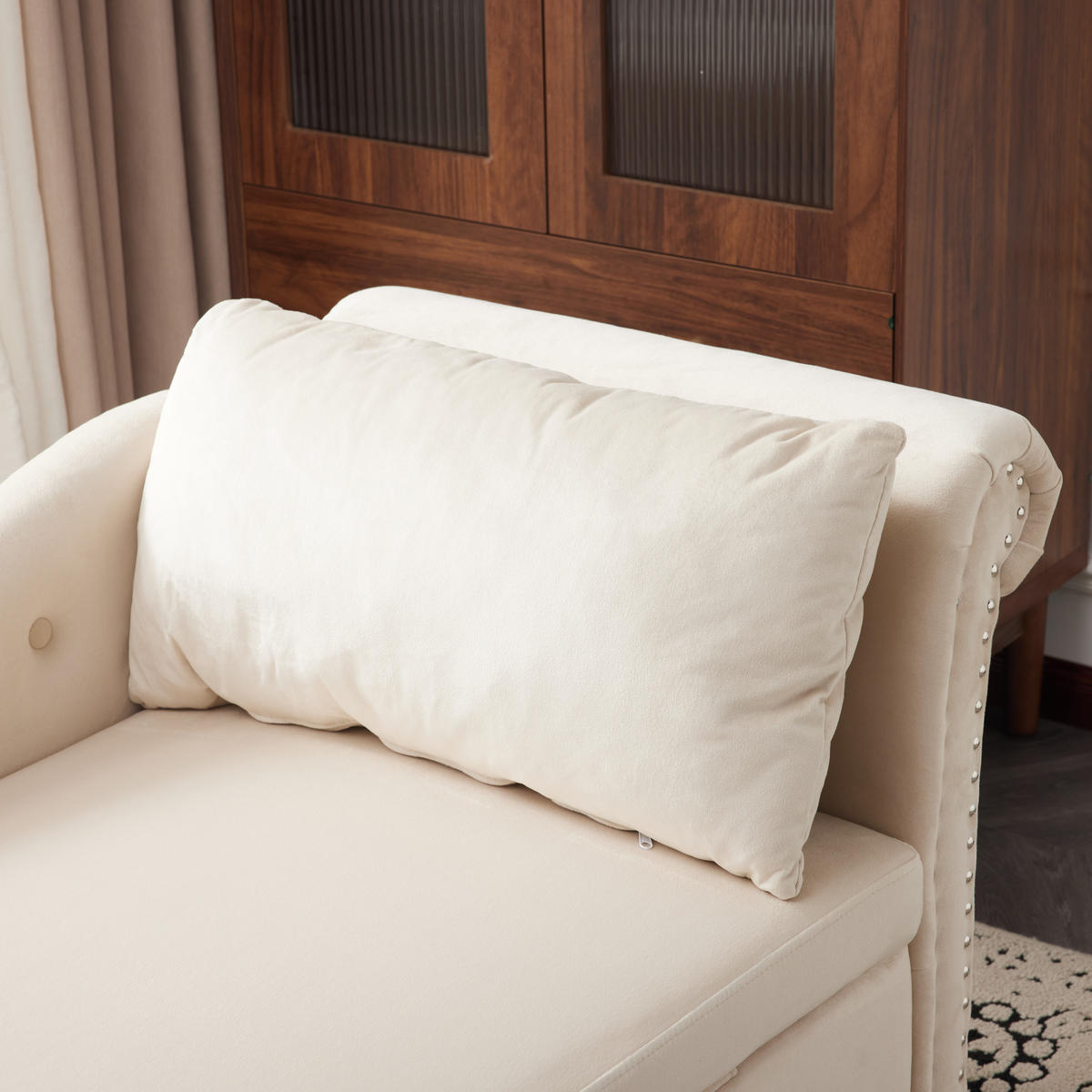 RÉCAMIERE Samt Beige mit Stauraum mit Kissen - Beige, Holz/Holzwerkstoff (144/69/62cm) - WISHDOR