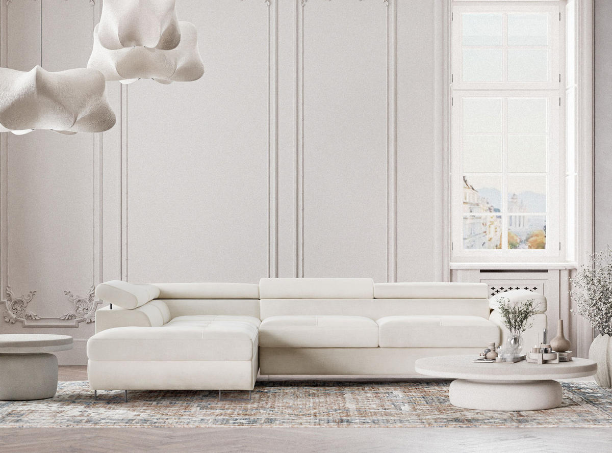 ECKSOFA Concord Creme Chenille-Stoff - Links Seite - Creme/Schwarz, Holz/Holzwerkstoff (203/277cm) - Maison de Reve