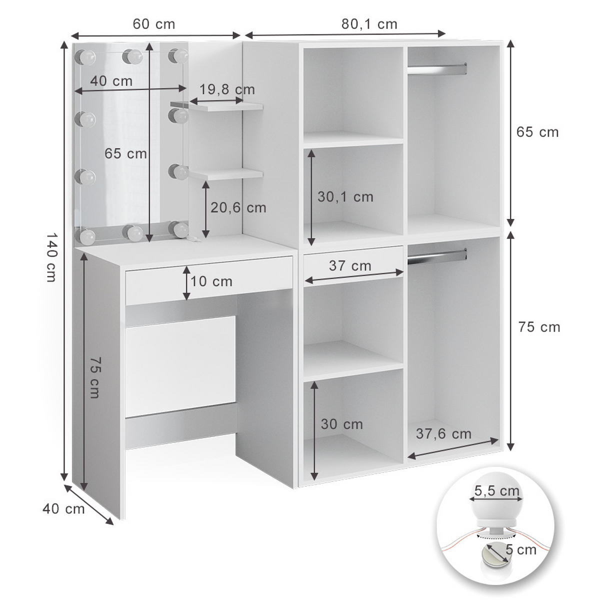 SCHMINKTISCH Isabelle Weiß 60 cm mit LED Beleuchtung und Schränken - Weiß, Holzwerkstoff (60/140/40cm) - Vicco