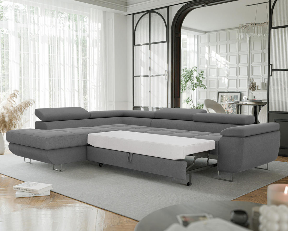 ECKSOFA ANTON mit Schlaffunktion und Bettkasten Dunkelgrau - Dunkelgrau, Holzwerkstoff/Kunststoff (274/203cm) - Idohome