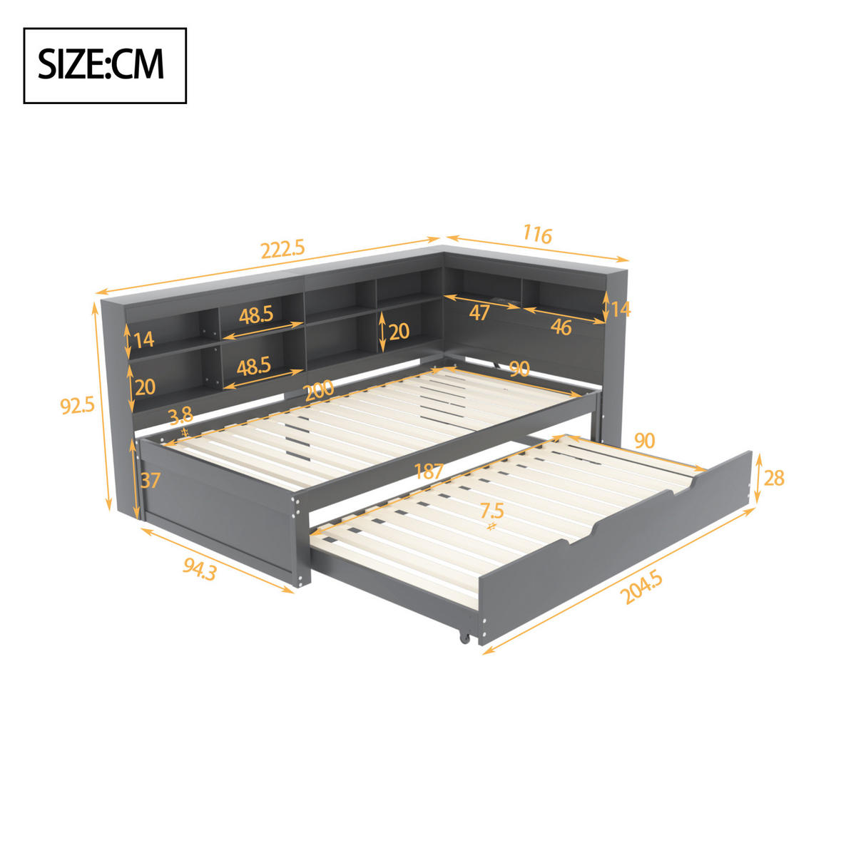 SCHLAFSOFA 90/200 cm mit Ausziehbett 90/190 cm, USB-Anschluss und Stauraum, Grau - Grau, Holzwerkstoff (222.5/92.5/116cm) - Redom