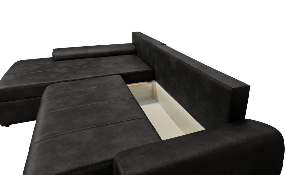ECKSOFA mit Schlaffunktion, Bettkasten, Wellenunterfederung, Ottomane links B266/T186/H90 cm, Mikrofaser Leder-Optik Vintage Schwarz / 18016 - Schwarz, Kunststoff/Textil (266/186cm) - luma-home
