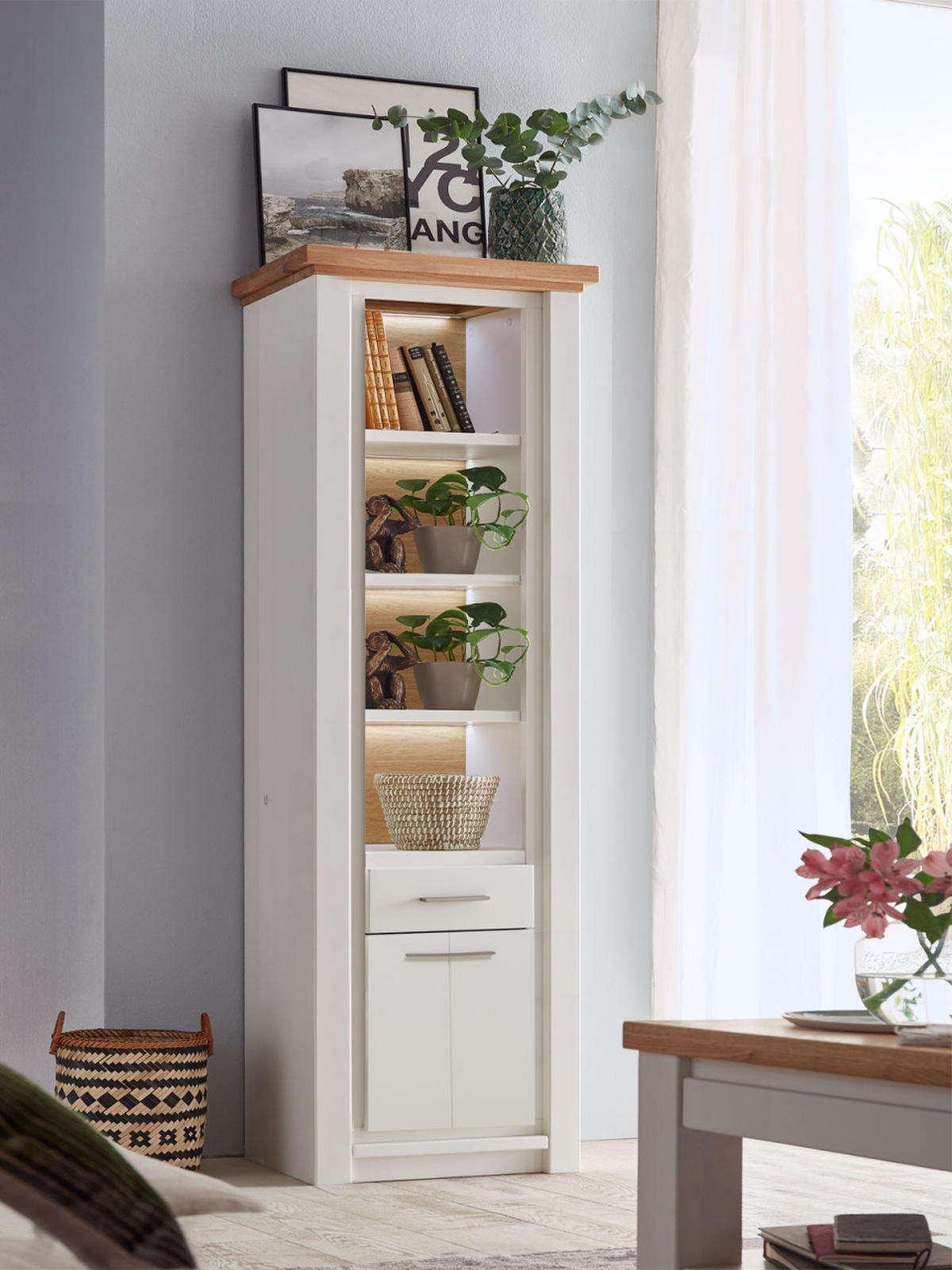 VITRINE weiß Olbia Wildeiche 67/45/210 cm - Weiß/Braun, Holz (67/210/45cm) - Casamia Massive Möbel