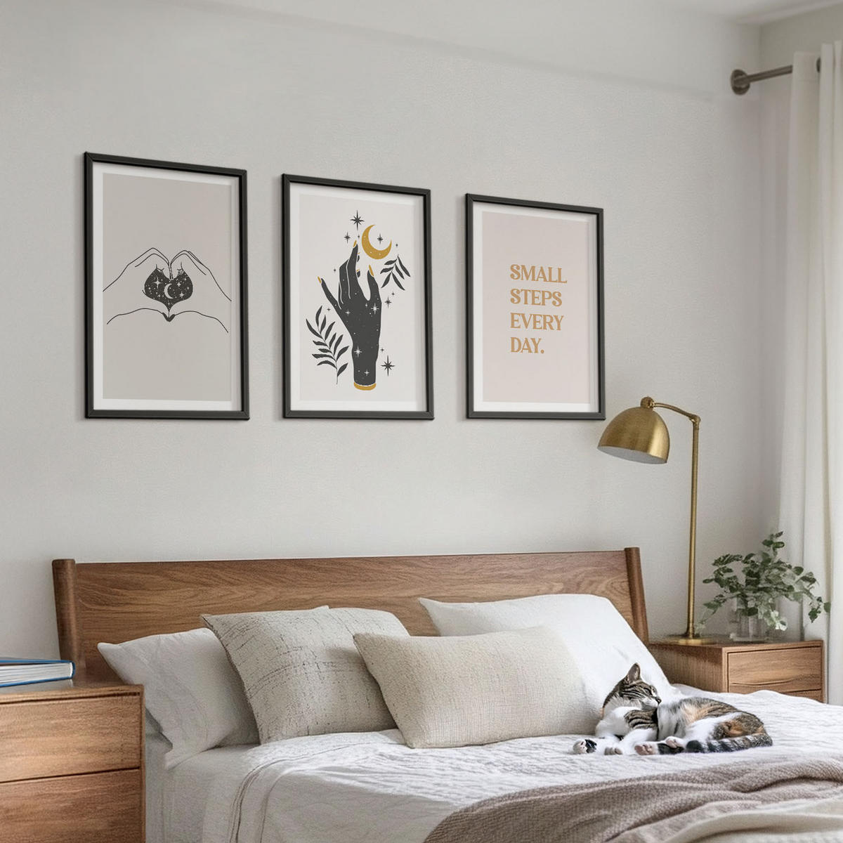 BILDER SET 3er Set - 40x60 cm Schwarzer Rahmen - Minimalistische Boho-Illustrationen - Schwarz, Kunststoff (40/60cm) - TULUP