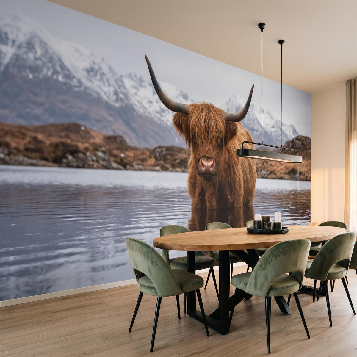 TAPETE - Schottischer Hochländer - Braun - Wasser - 500x260 cm - Braun, Papier (500/260cm) - OnlyWow