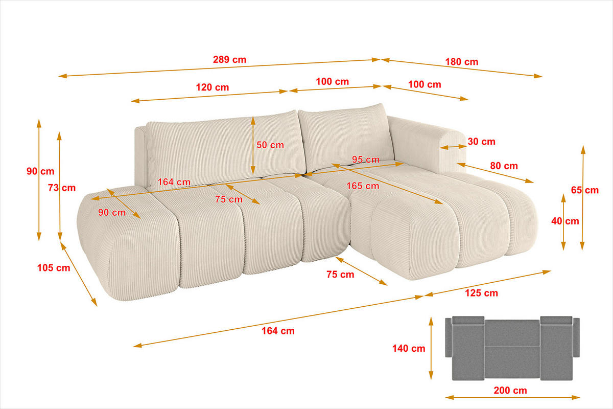 ECKSOFA Ottomane Rechts CLOUD-L 289x180x40 Beige Cord - Beige, Holzwerkstoff/Kunststoff (289/180cm) - ALTDECOR