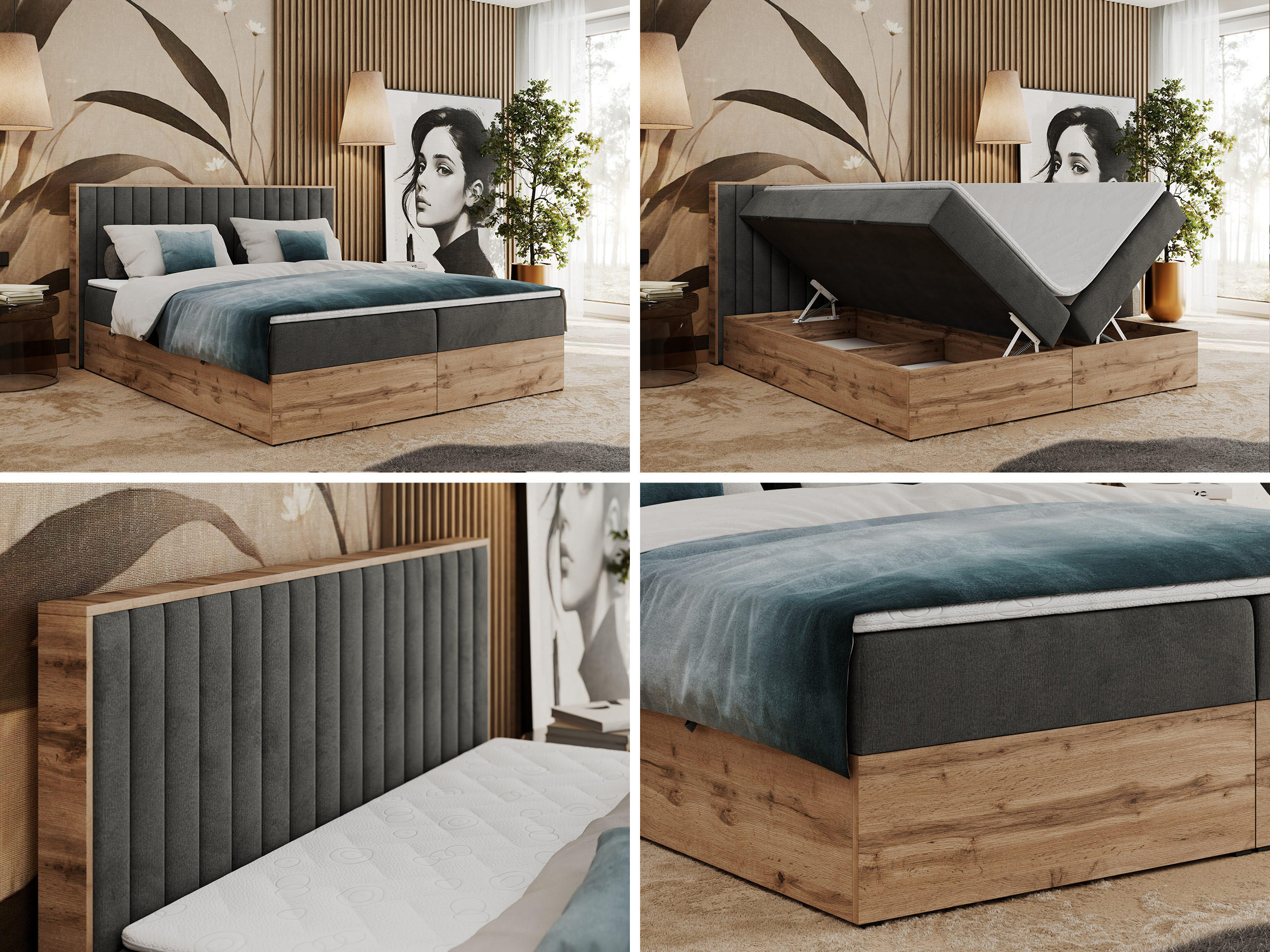 Thumbnail - MKS Boxbett, Dunkelgrau, Textil, 2-Sitzer, H4, 7-Zonen, Rechteckig, 200x200 cm, Schlafzimmer, Betten, Boxspringbetten