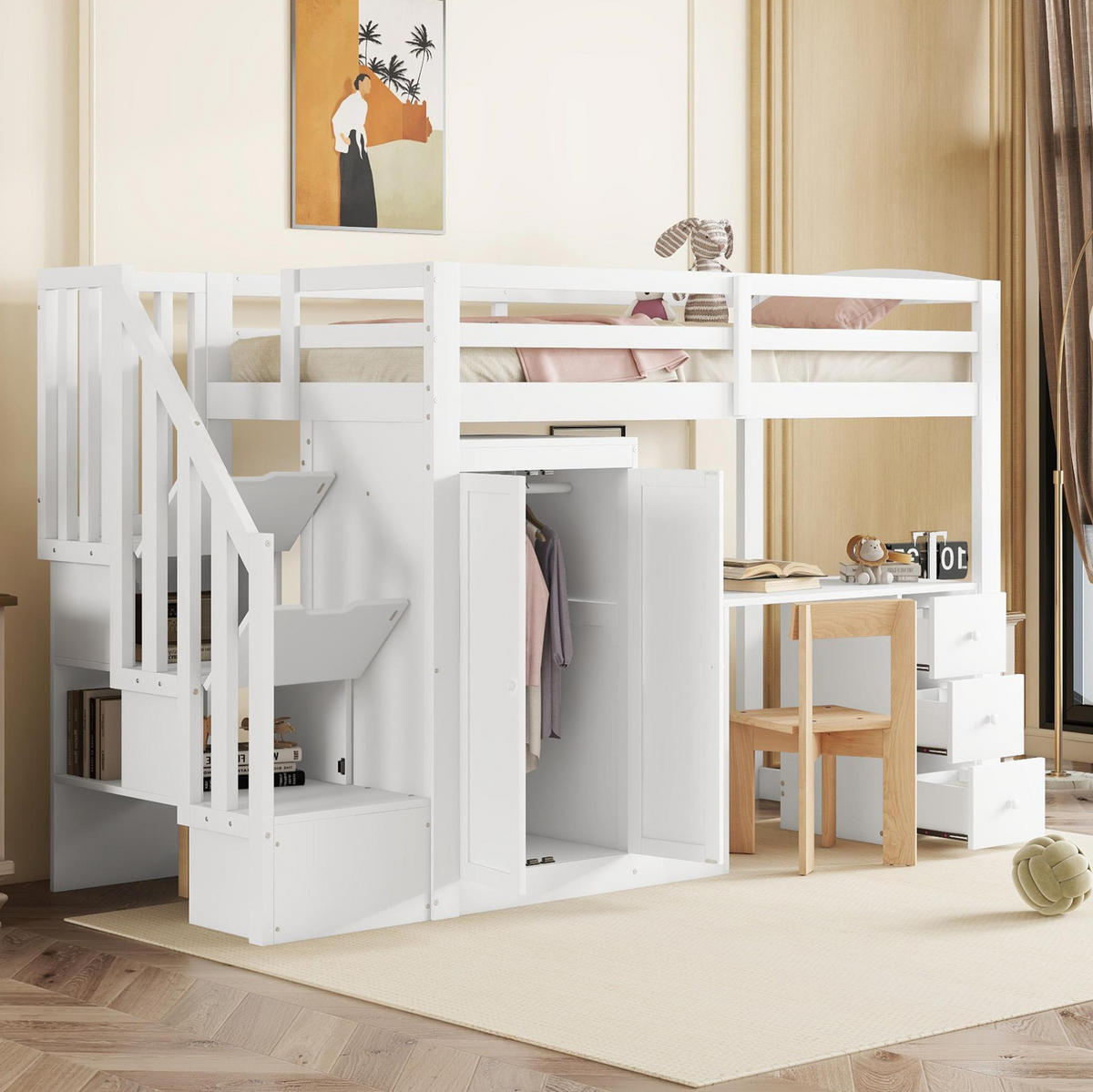 HOCHBETT 90/200 cm in Weiß mit Schreibtisch, Kleiderschrank und Stauraumtreppe - Weiß, Holzwerkstoff (90/200cm) - Flora Grace