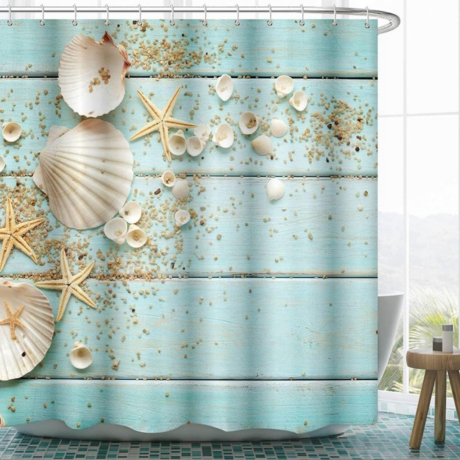 DUSCHVORHANG Blau Muschel Muster Polyester 180 x 180 cm wasserdicht Badezimmer - Multicolor, Textil (180/180cm) - MCBOSON