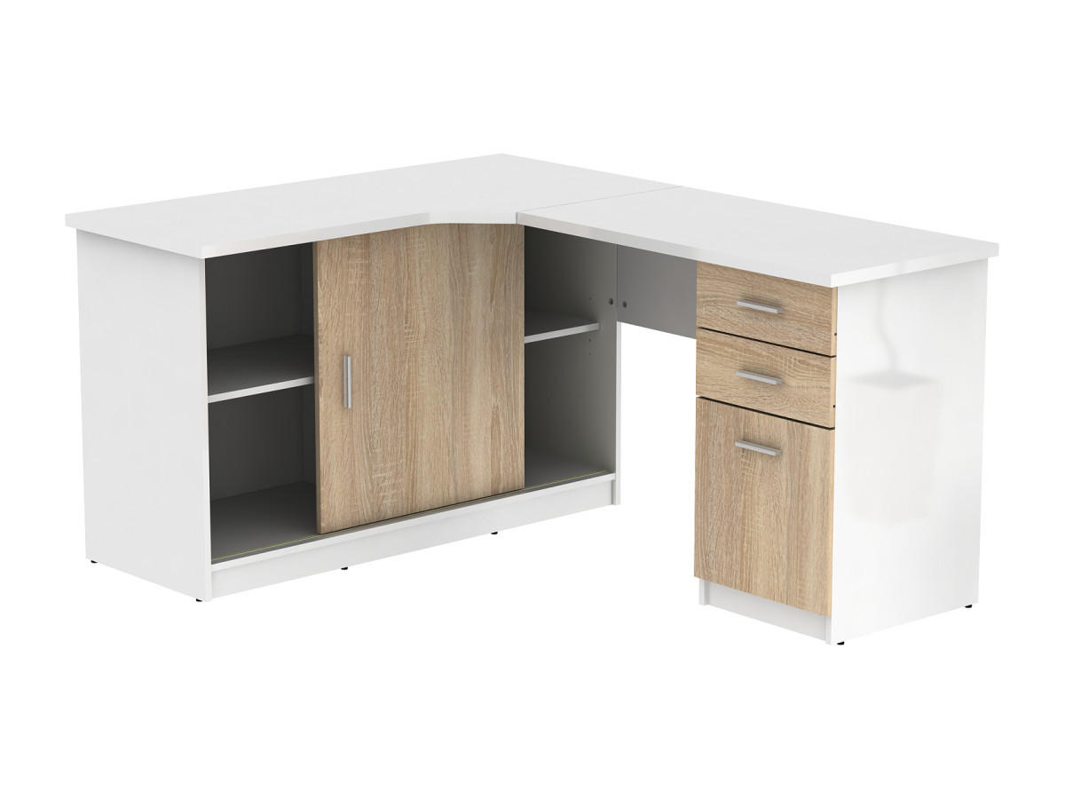 ECKSCHREIBTISCH mit 2 Türen & 2 Schubladen - Weiß & Eichefarben - NORWY - Naturfarben, Holz (150/120/75cm) - Vente-Unique