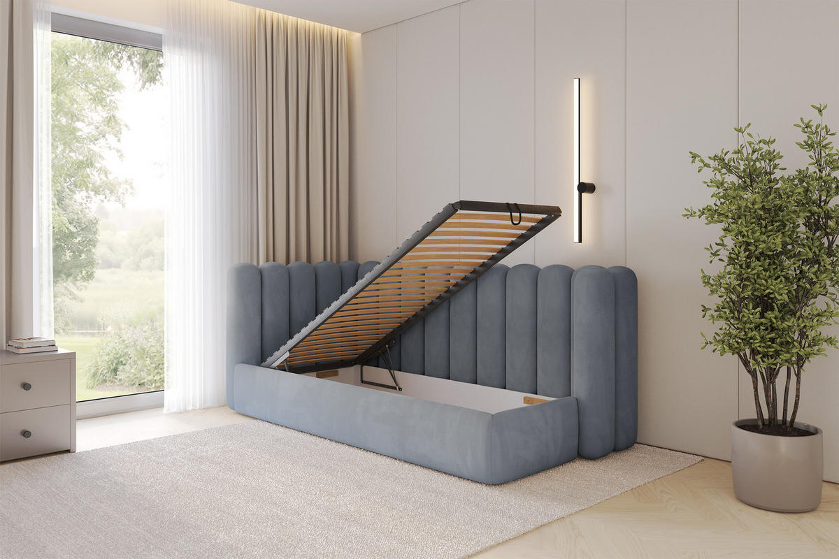 EINZELLBETT Jugendbett mit Bettkasten und Matratze H3/H4, Rechts - HUGY 100x200 Grau - Blaugrau, Holzwerkstoff/Textil (100/200cm) - ALTDECOR