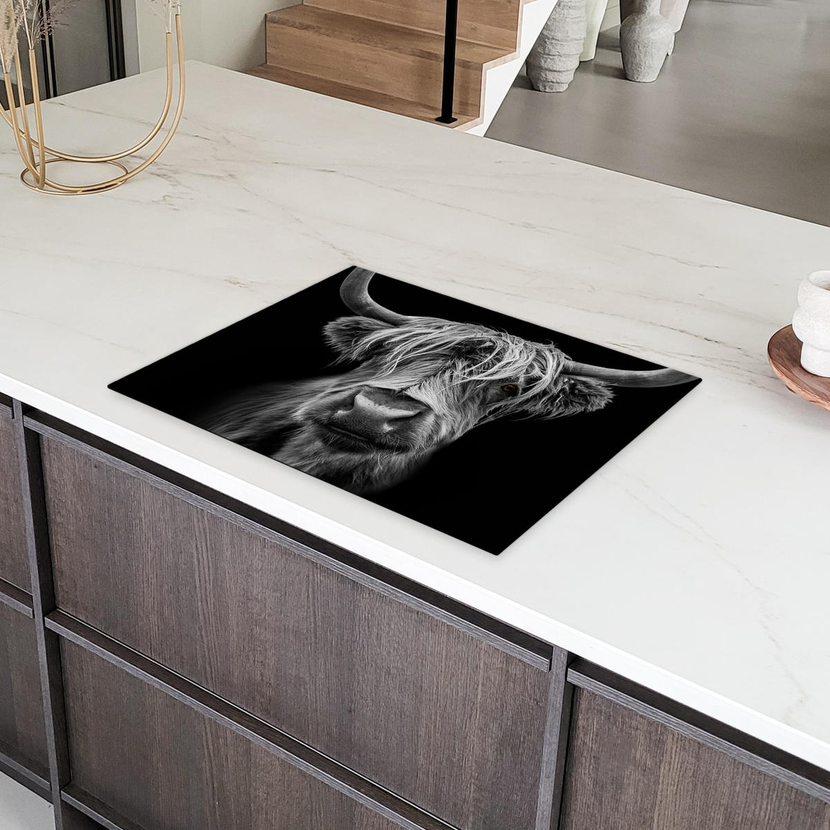 HERDABDECKPLATTE Schottischer Highlander - Hörner - Schwarz - Weiß - Kuh - Wild - Tiere Induktionsmatte 71x52 cm - Schwarz, Kunststoff (71/52/0.2cm) - MuchoWow