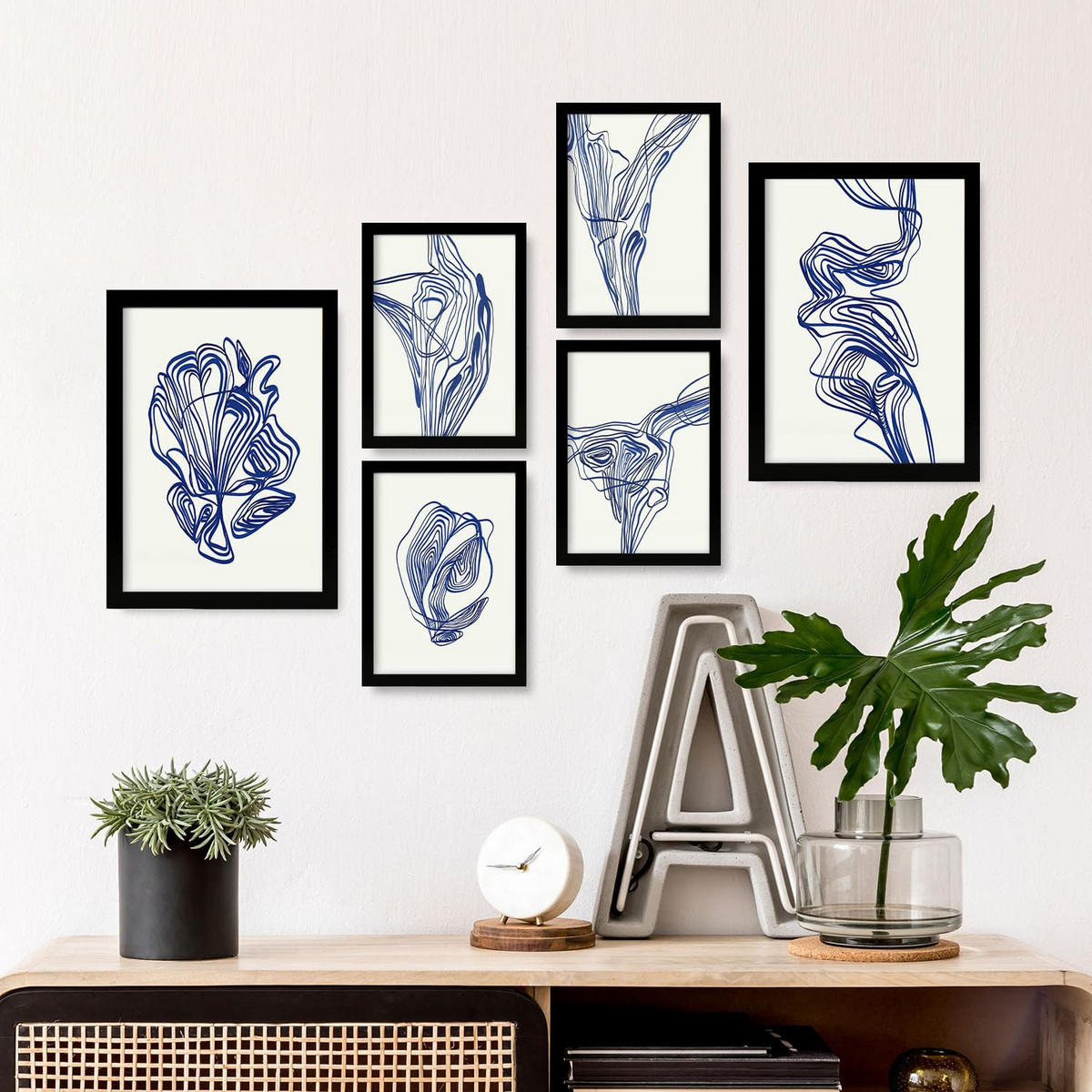 POSTER Set Mit 6 Verlockend Schrägen In Form Abstracts Ästhetische Dekorative Gemälde Für Ihr Wohnzimmer Schlafzimmer Zuhause A3 & A4 Schwarzer Rahmen - Schwarz, Papier (29/3cm) - Nacnic