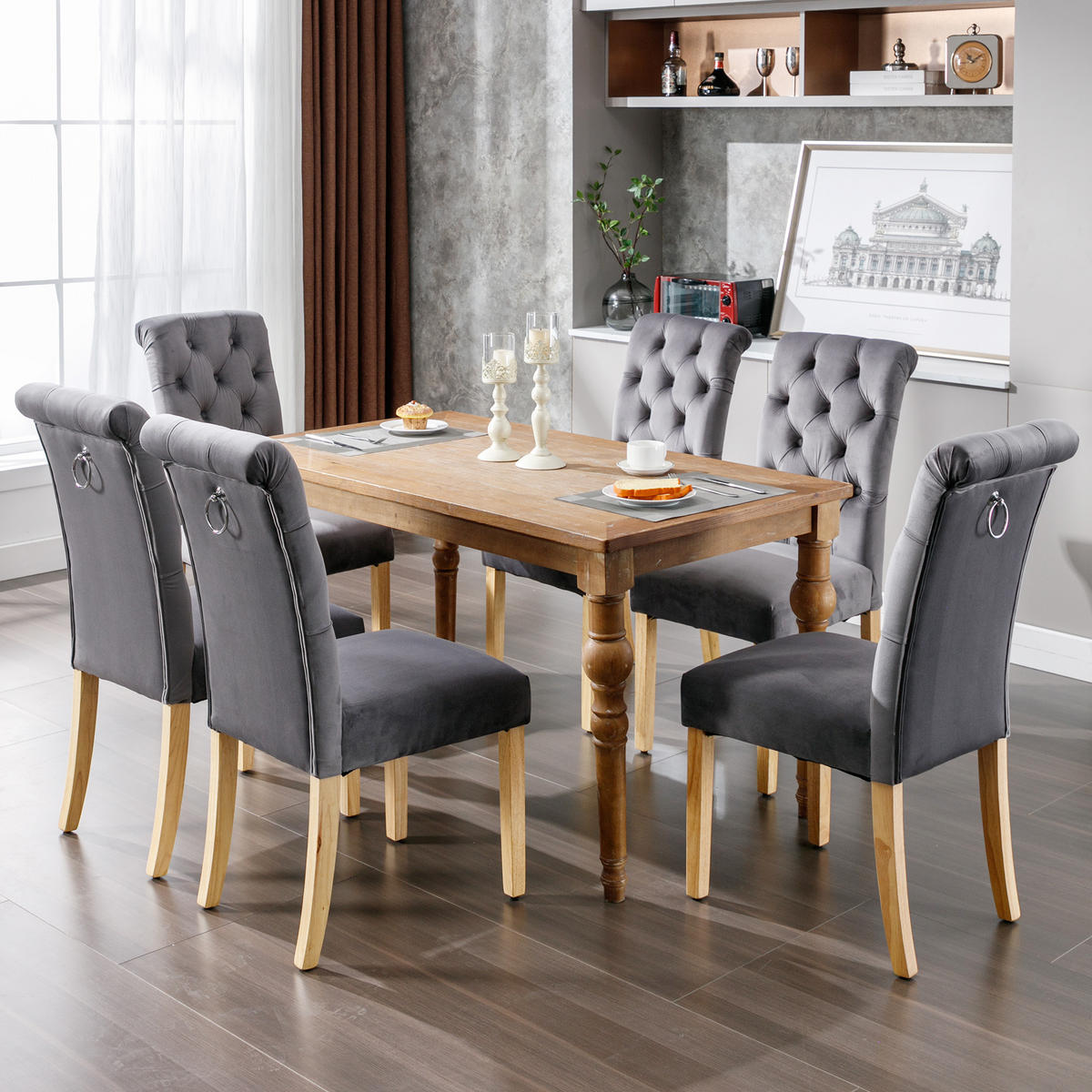 STUHL-SET DE-35663 6 Stück mit Knopfakzenten und Eichenbeinen Grau - Grau, Holz (43/100/63cm) - ComfortXL