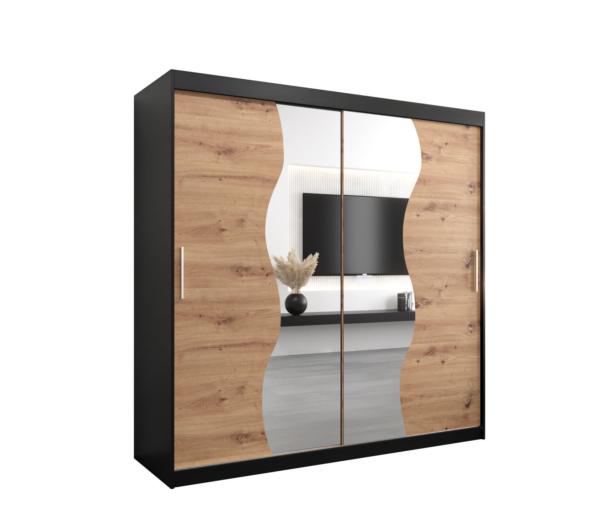 Möbel Kryspol Schwebetürenschrank Schwarz, Eiche Artisan 200x200x62 cm