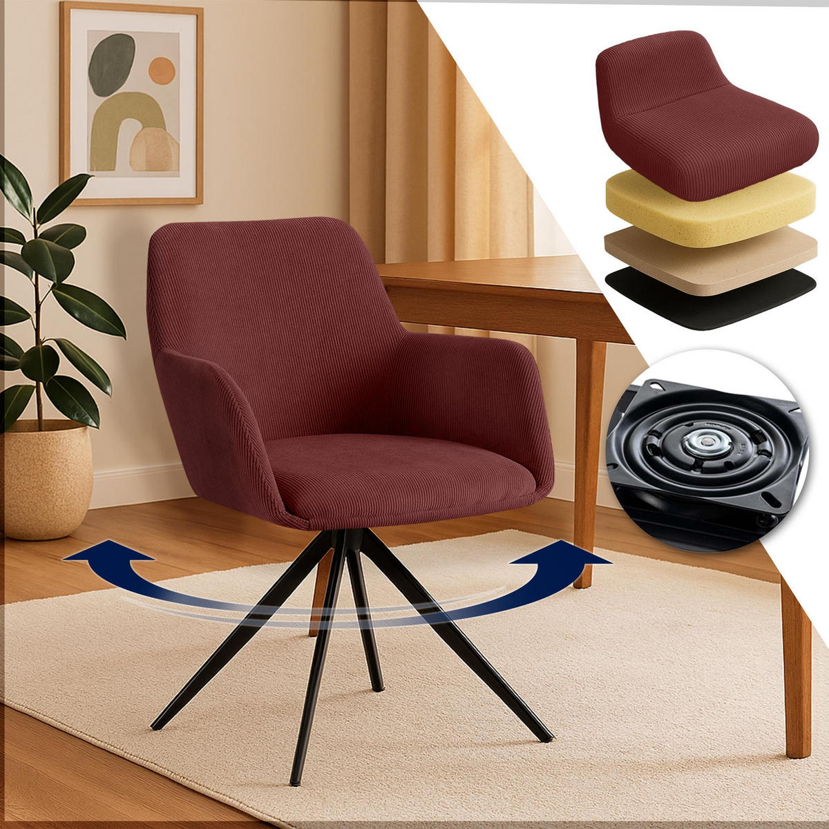 ESSZIMMERSTUHL Cord Bordeauxrot - Bordeaux/Schwarz, Textil/Metall (56/81/62cm) - CLP