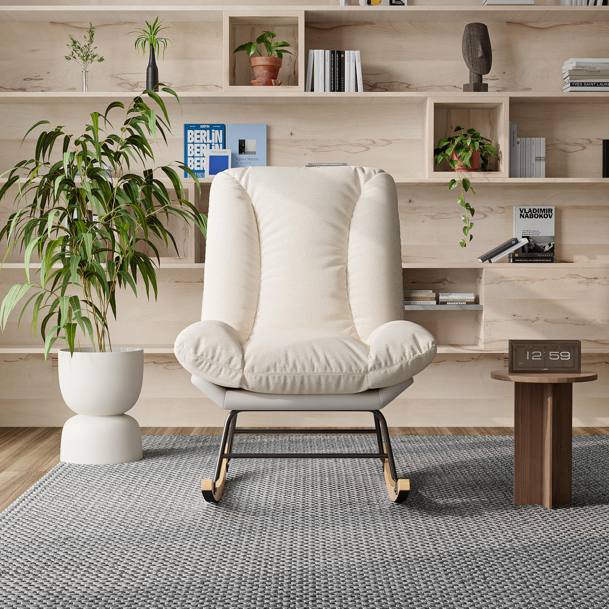 SCHAUKELSTUHL mit Verstellbarer Rückenlehne, Leinen, Cremefarben - Ecru/Naturfarben, Holz/Textil (90.5/98/74cm) - BPKADHY