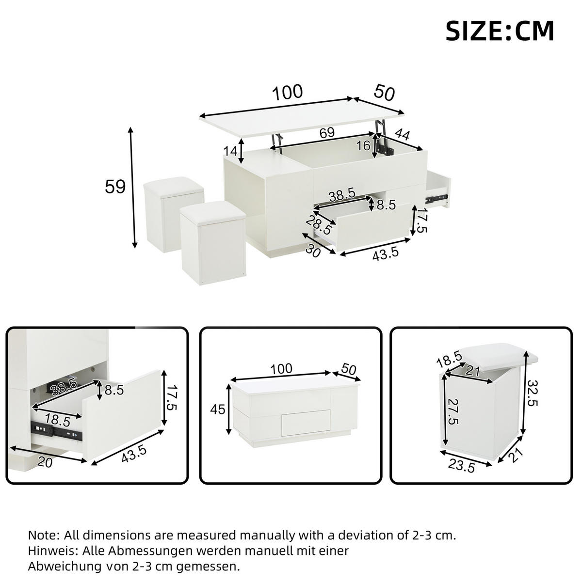 KONFERENČNÍ stolek 100/50/45 cm bílý z dřevotřísky s LED osvětlením a výškovým nastavením - bílá, kompozitní dřevo (100/50/45cm) - OKWISH