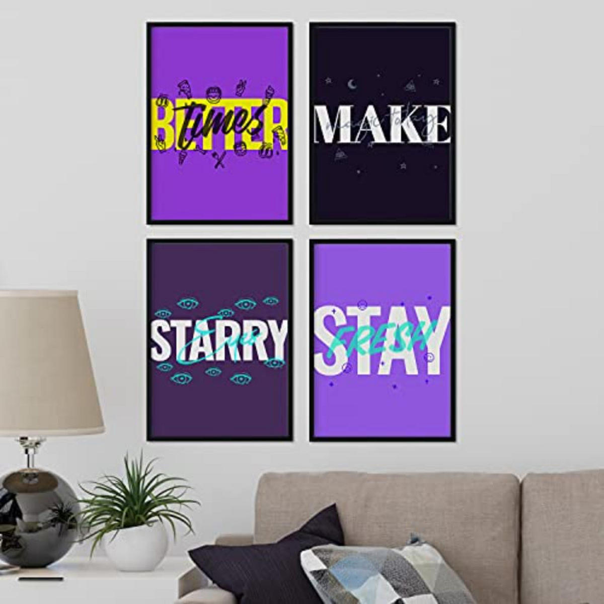 POSTER Set mit 4 lila Etikettendesign und Motivationsnachrichten A4 Schwarzer Rahmen - Schwarz, Papier (29.7/3cm) - Nacnic