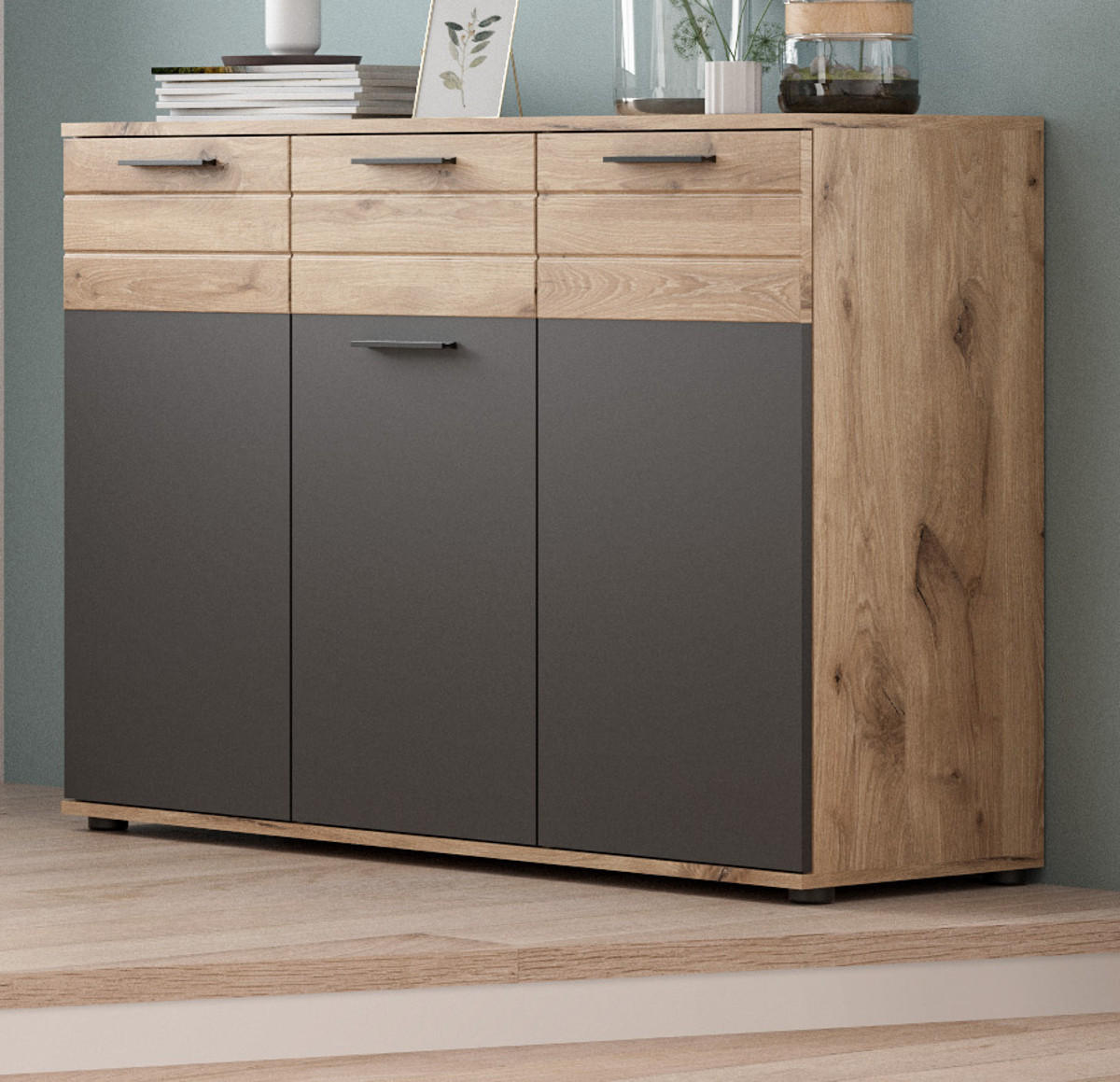 KOMMODE Eiche, grau 120 cm, Sideboard mit Soft-Close, Wohn- und Esszimmermöbel - Eichefarben/Schwarz, Holzwerkstoff/Kunststoff (120/87/40cm) - Inn.Furn