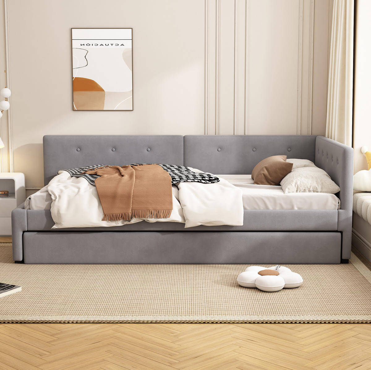 RÁMOVÁ posteľ zo zamatu, 90/200 cm sivá, s vysúvacím lôžkom - sivá, textil (90/200cm) - BEAOK