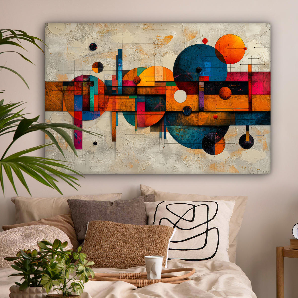 OBRAZ NA PLÁTNE Vintage - Moderné umenie - Oranžová - Geometrické tvary 120x80 cm - viacfarebná, textil (120/80cm) - MuchoWow