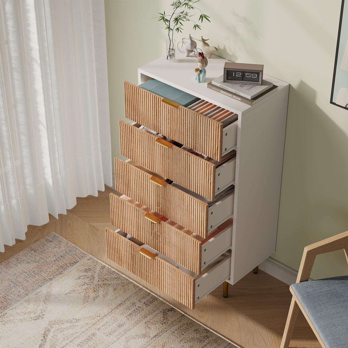 KOMMODE Holzoptik 5 Schubladen Schubladenschrank Naturfarbe - Eichefarben, Holz/Metall (30/110/60cm) - PARAFTA HOME