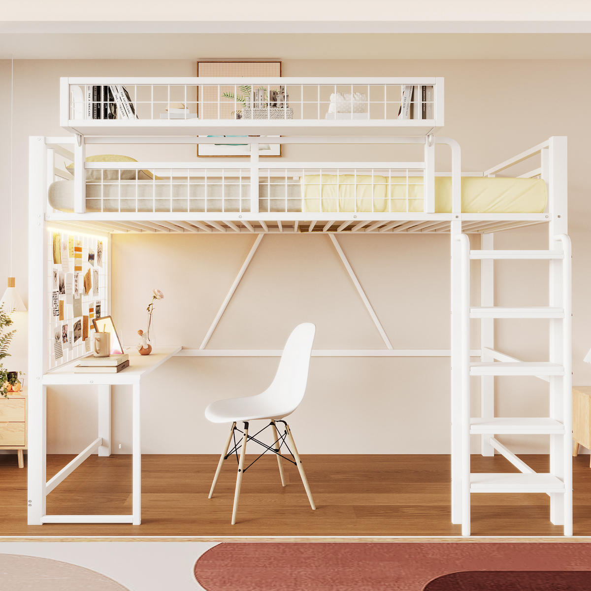 HOCHBETT 90/200 cm in Weiß mit Schreibtisch, LED, Steckdose und Ablage Metall modern - Weiß, Holzwerkstoff/Metall (90/200cm) - STILVORA