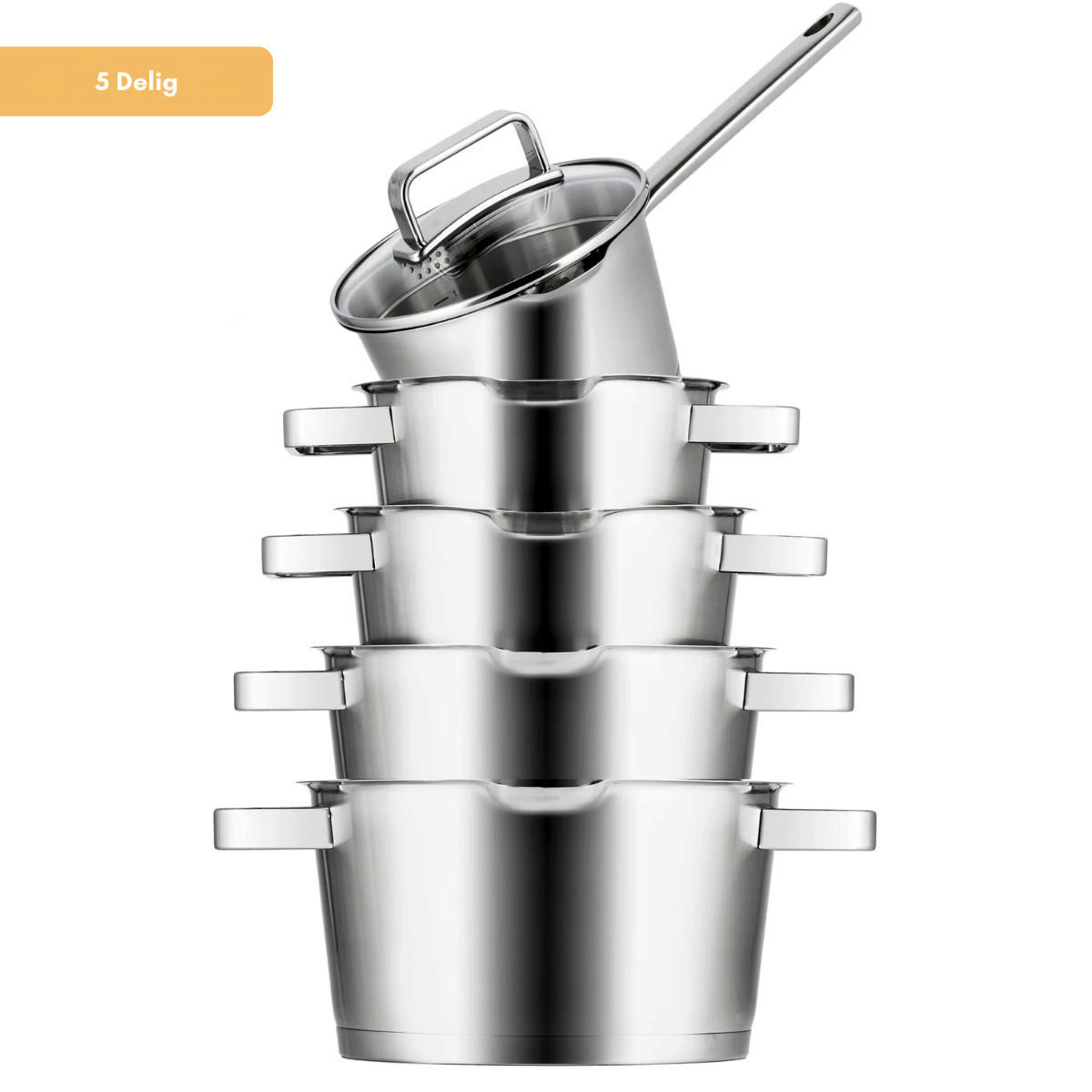 TÖPFE UND PFANNENSET Topfset Diamond - Edelstahl - Kochtopf ø 16, 18, 20, 24 cm & Stielkasserolle ø 16 cm - Induktionsgeeignet - 5-teilig - Silberfarben, Metall - Sola