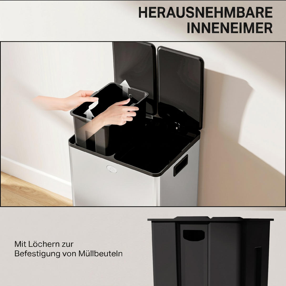 MÜLLEIMER Edelstahl Kunststoff Silber - Silberfarben, Metall (36/67.6/45.8cm) - HOMCOM
