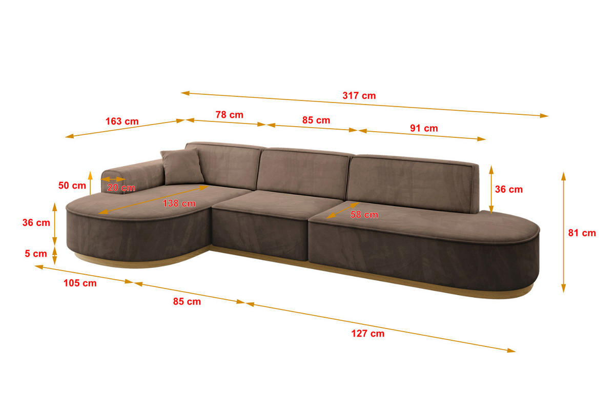 ECKSOFA Ottomane Links MARI-L2-v2 - 328x171x83 cm Braun Velours - Braun, Holzwerkstoff/Textil (328/171cm) - ALTDECOR