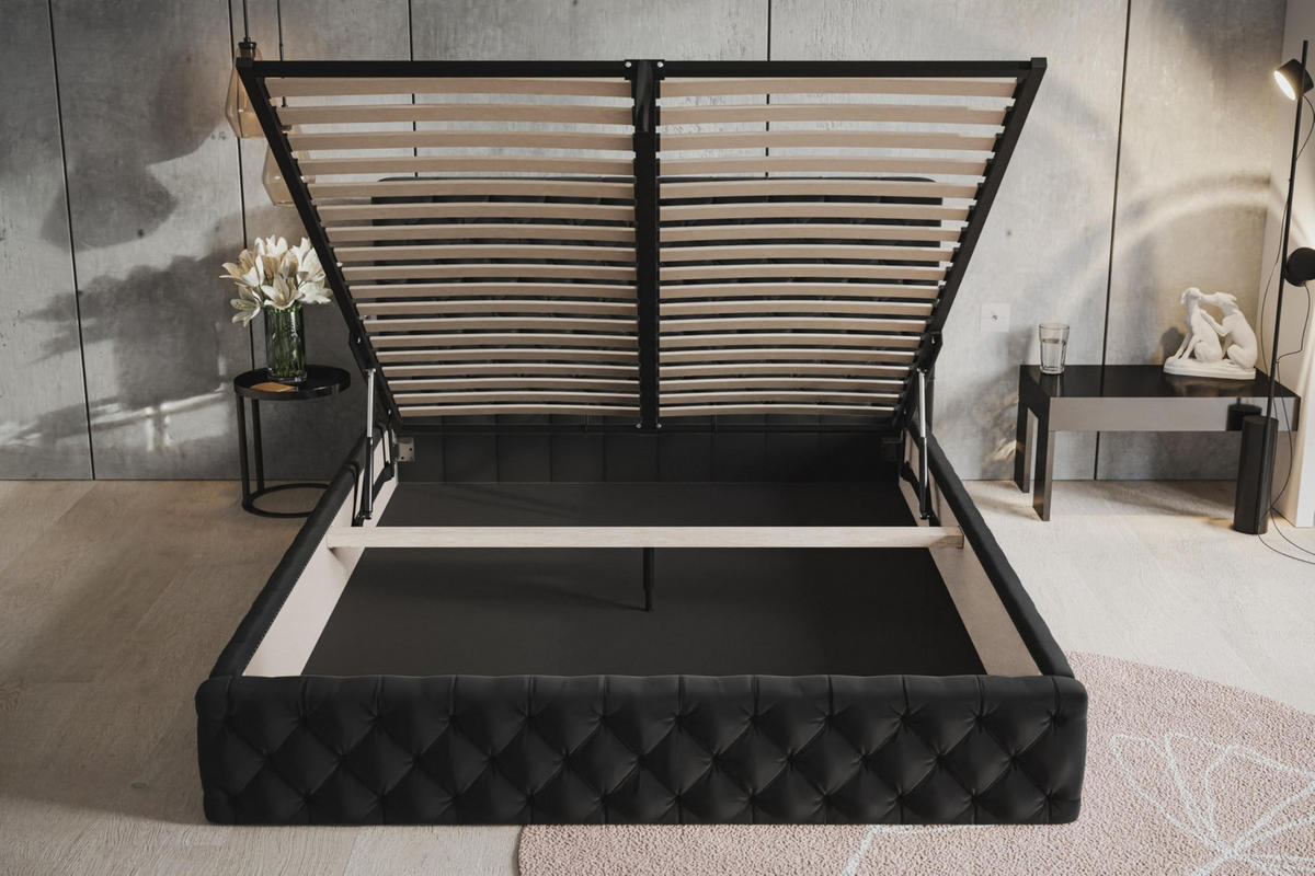 BETT 90x200 - Polsterbett mit Bettkasten und Metallrahmen - Elegant Betten - Weicher Jasminstoff - Kollektion Miami, Schwarz - Schwarz, Holz/Textil (90/200cm) - Alpi-Möbel