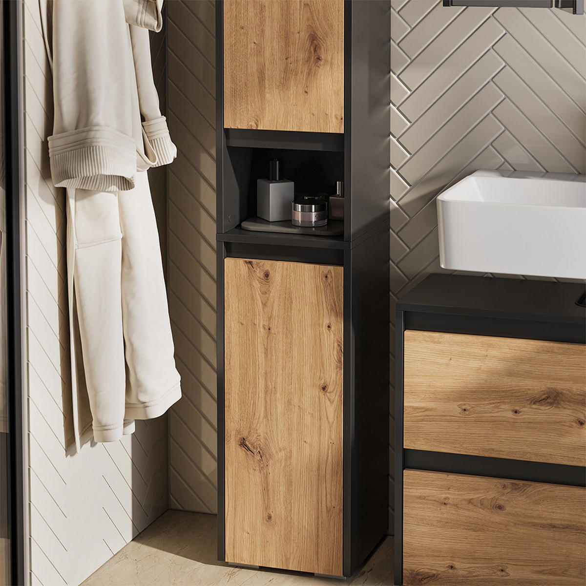 BADSCHRANK Majest Anthrazit/Artisan 30.2 x 191.5 cm mit 2 Türen - Anthrazit/Hellgrau, Holzwerkstoff (30.2/191.5/30cm) - Vicco