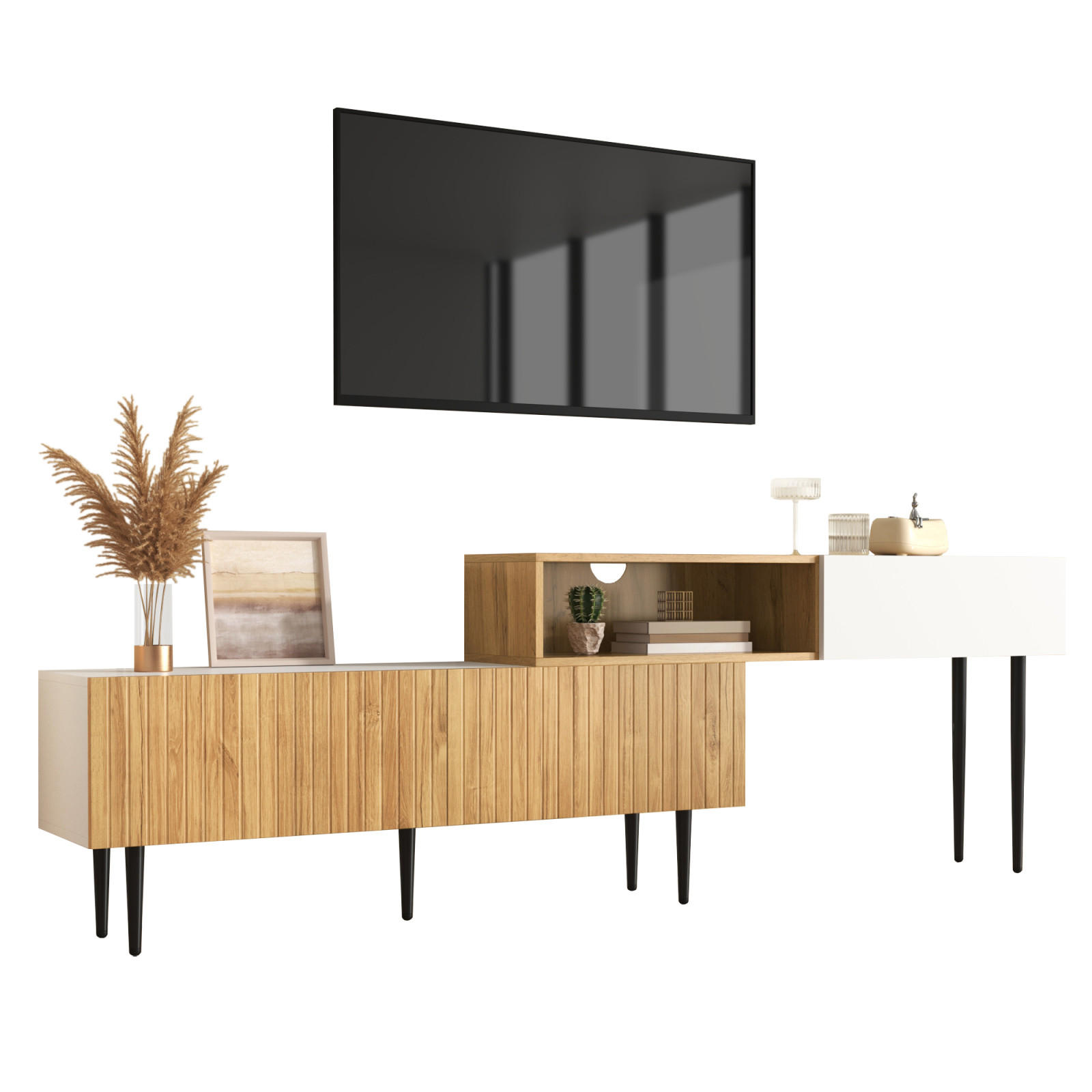 TV Lowboard verstellbar, 2-teilig, Metallfüße, Holz Weiß - Braun, Holz (220/63/28cm)