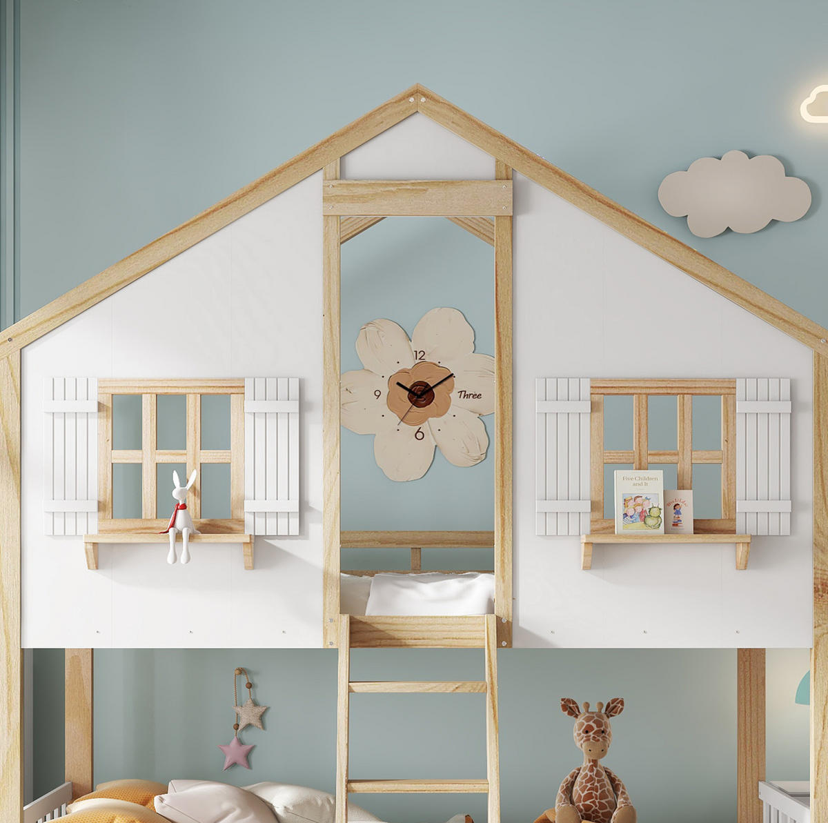DOMČEKOVÁ posteľ, 90/200 cm masívne drevo + MDF biela/prírodná so strieškou a okienkami - biela, kompozitné drevo (90/200cm) - BEAOK