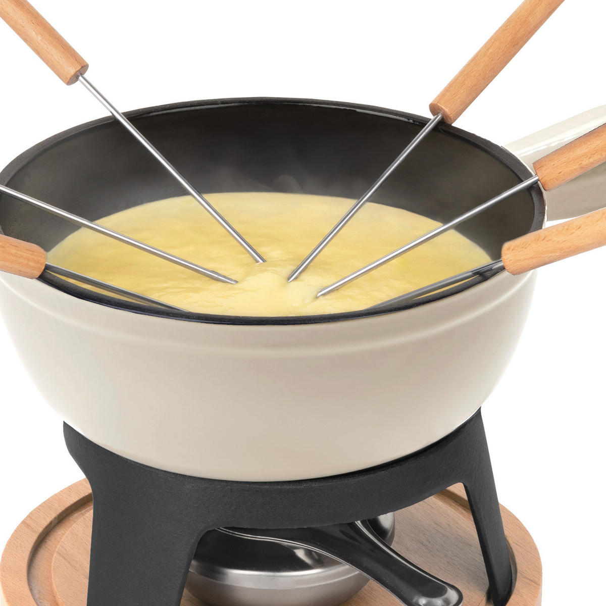 FONDUE-SET MONT BLANC Beige, 6-Personen, Gusseisen, Käse- und Schokoladenfondue, 6 Gabeln Kapazität 1.8L - Creme, Metall (21/17/21cm) - La Fonderie 1890
