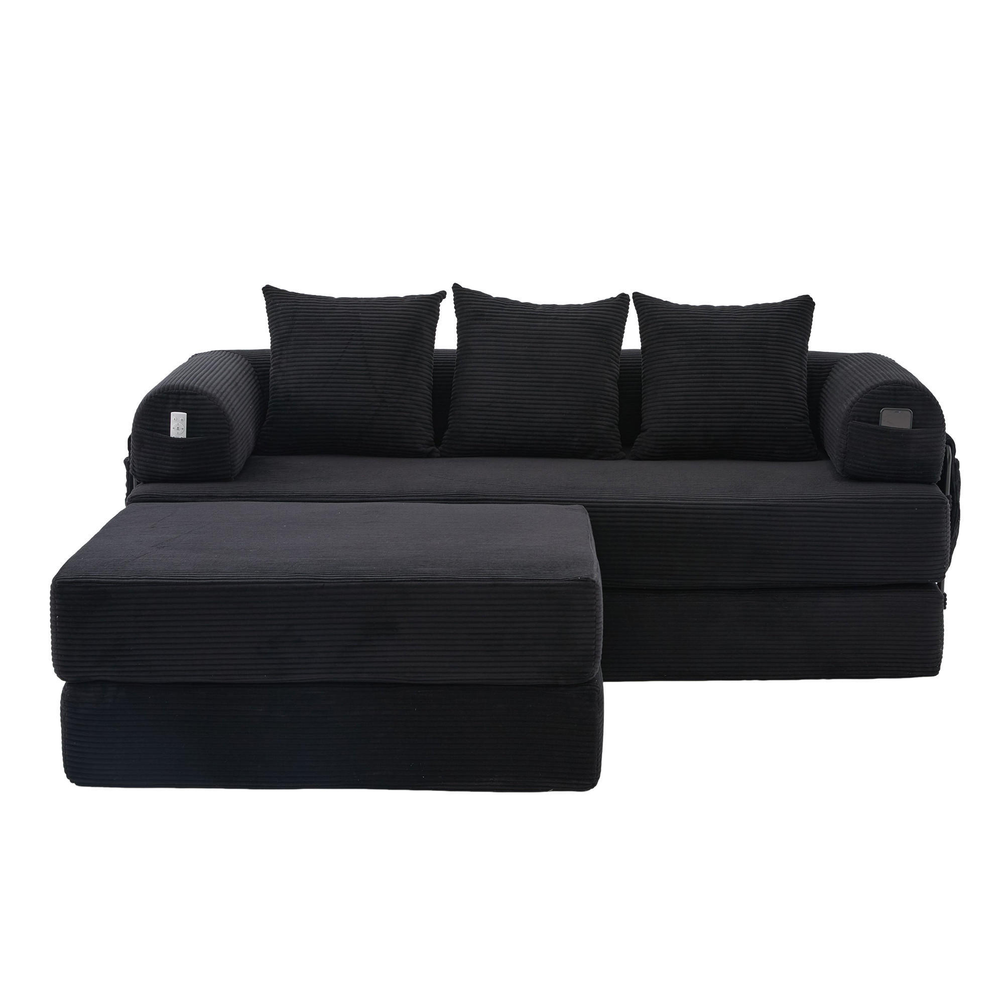ECKSOFA Cord Schwarz mit Seitentasche und 3 Kissen - Schwarz, Textil/Metall (218/285cm) - WISHDOR
