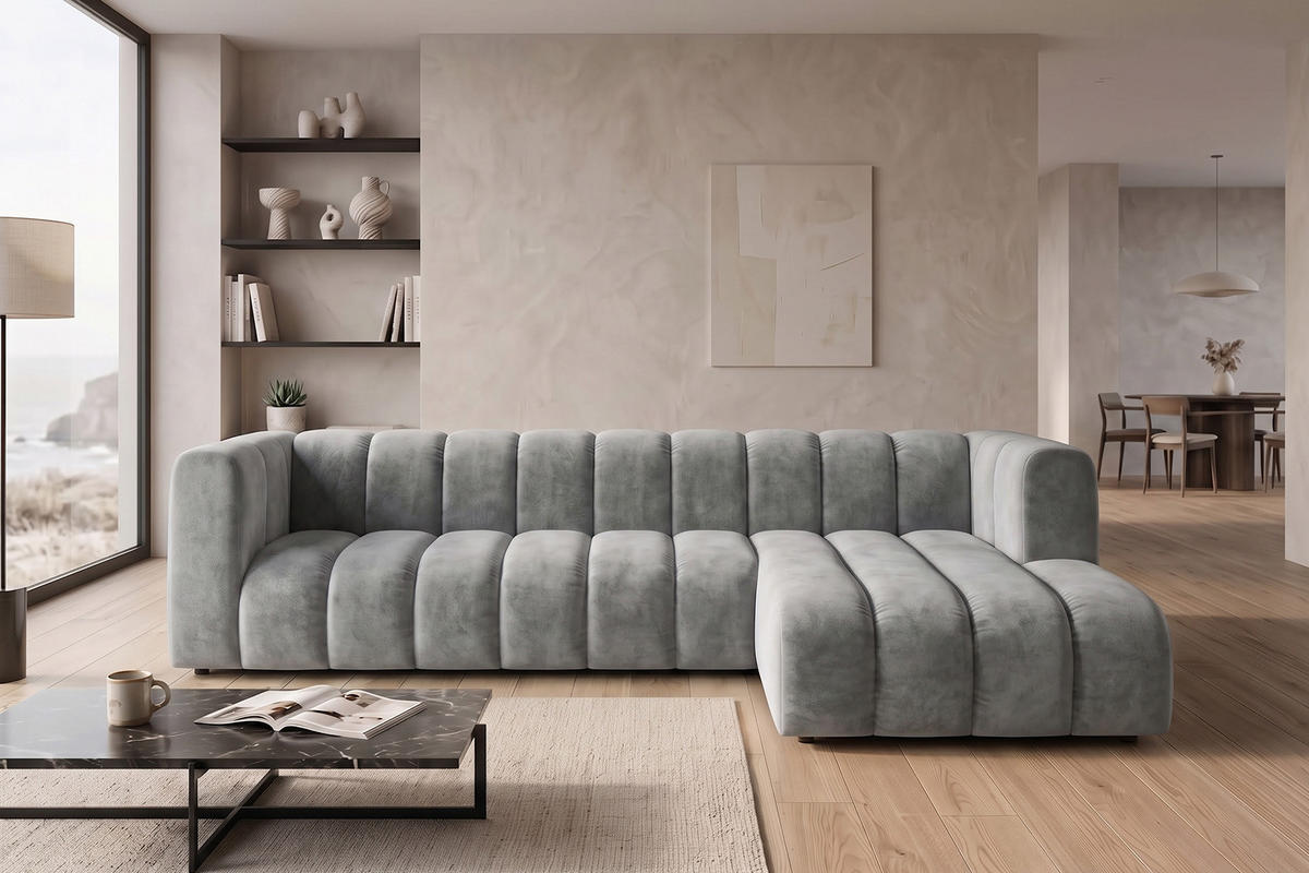ECKSOFA Modulares In L-Form, Velvet-Stoff Riviera, Grau, Rechts, GRAND 318 cm - Grau, Holz (318/179cm) - Kaiser Möbel