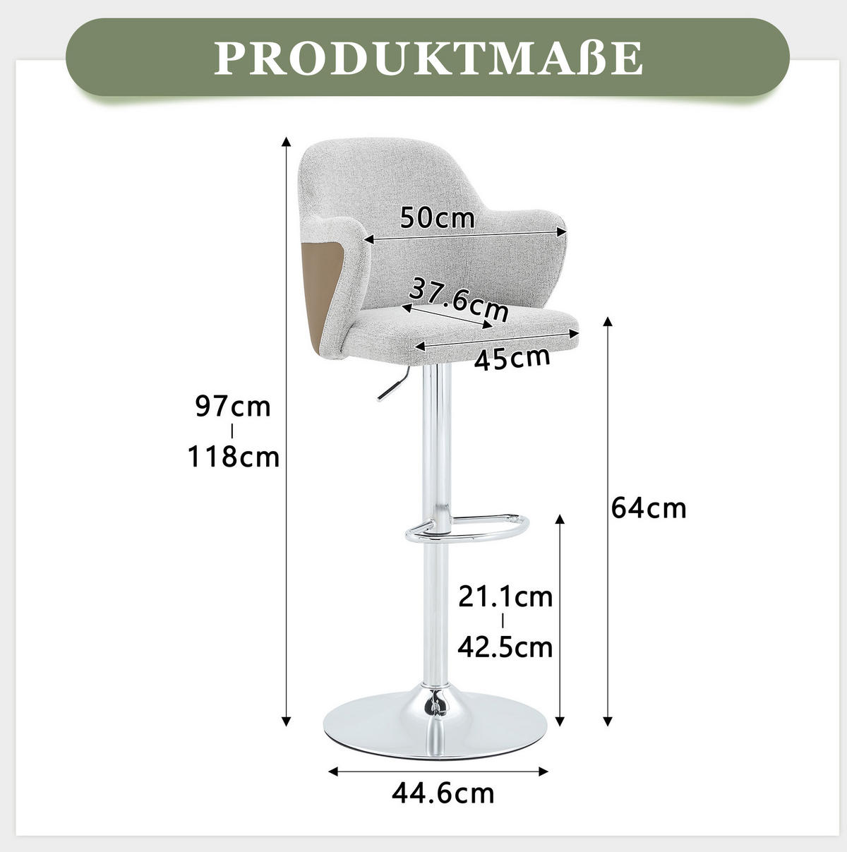 BARHOCKER 2er-Set höhenverstellbar drehbar Stoff Grey+Brown - Grau, Metall (37.6/118/45.1cm) - Meubliv