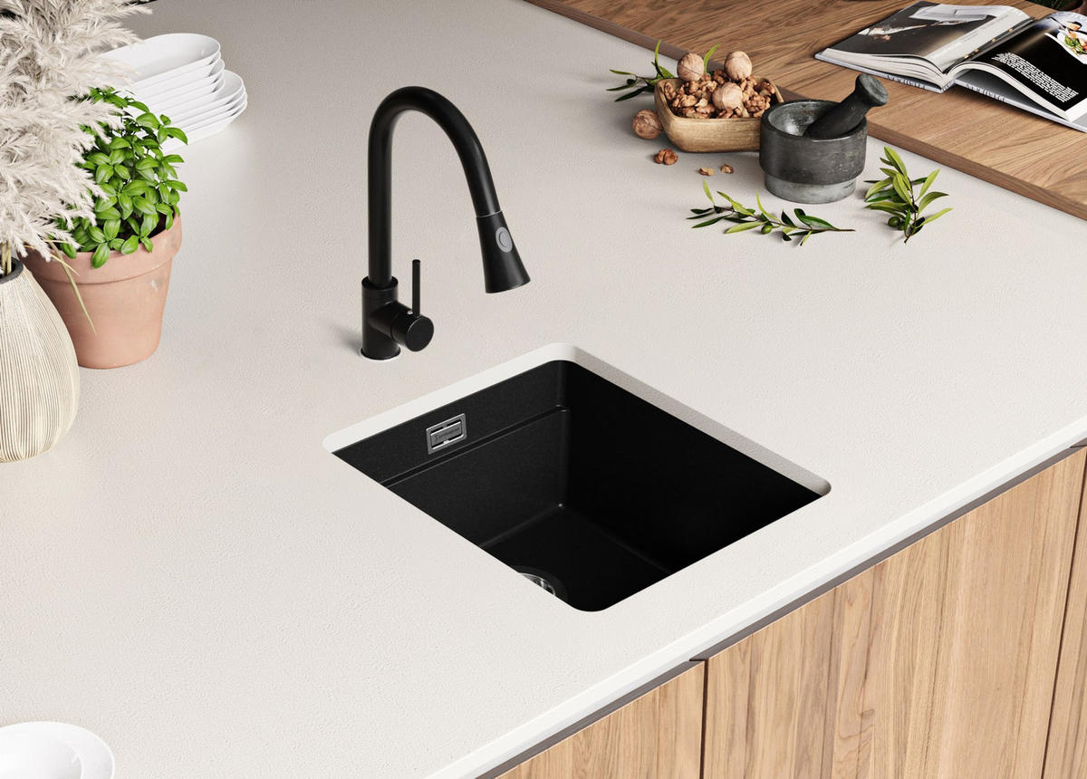 UNTERBAUSPÜLE GRANIT Praga, 2-er set Schwarz 41/47 cm 1 Becken + Küchenarmatur 40/38 cm + Ablauf-Set + Aufrollbare Abtropffläche ab 45er Unterschrank - Chromfarben/Schwarz, Kunststoff (41/20/47cm) - Primagran