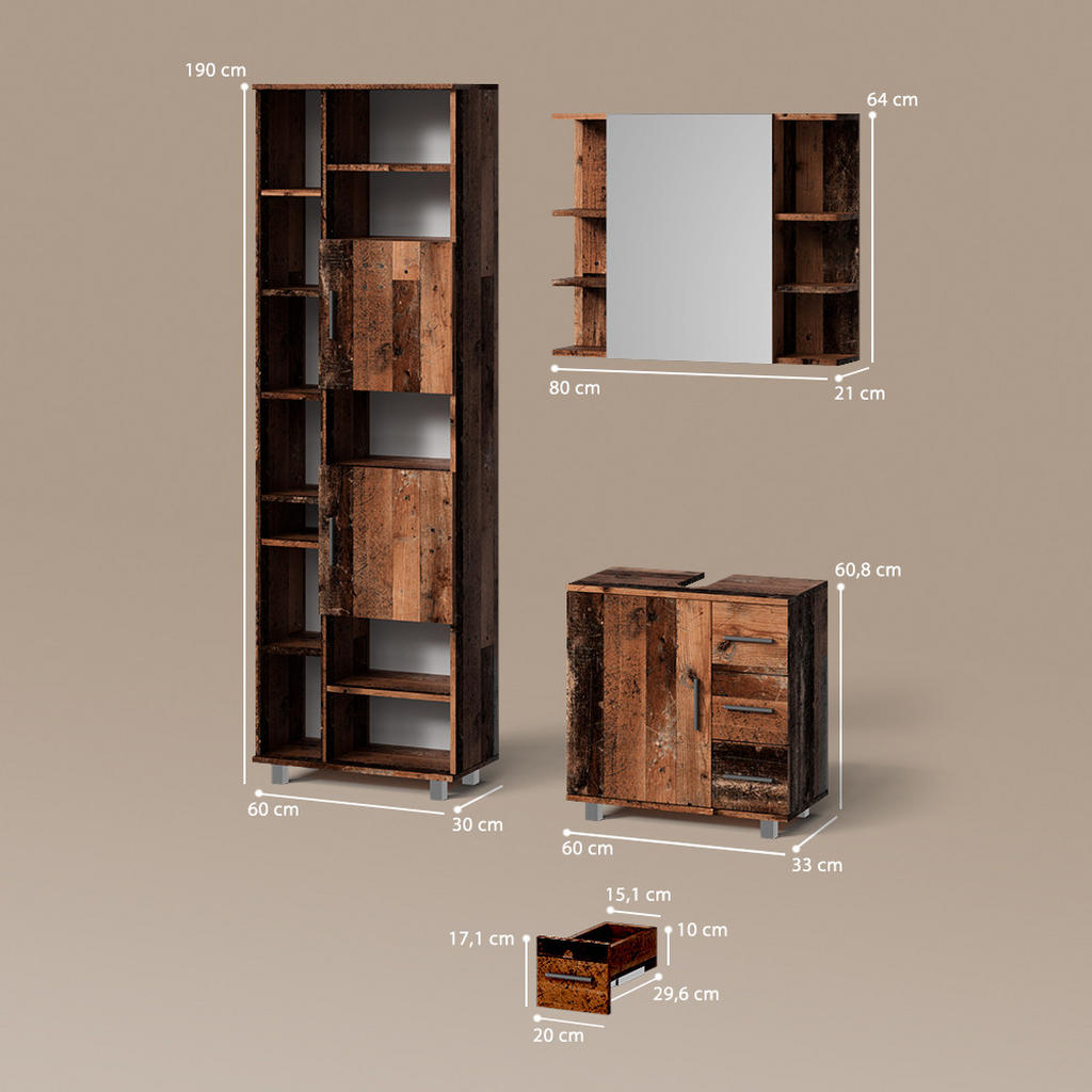 Thumbnail - Livinity® Badmöbel-Set, Wildeiche, Wildeiche, Holzwerkstoff, 20 Fächer, 3 Schubladen, Rechteckig, 60x60x33 cm, Badezimme...