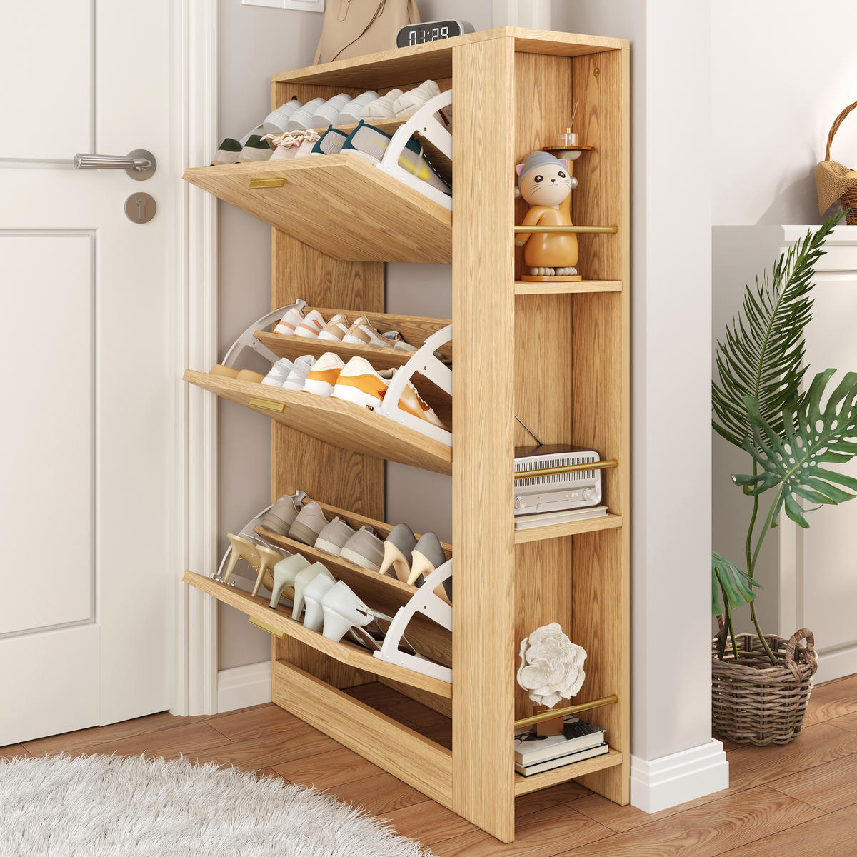 SCHUHSCHRANK mit 3 Türen zwei Schuhablagen offenen Fächern Holzfurnier modernes Design - Naturfarben, Holzwerkstoff/Metall (70/115/23.5cm) - EVRYAE