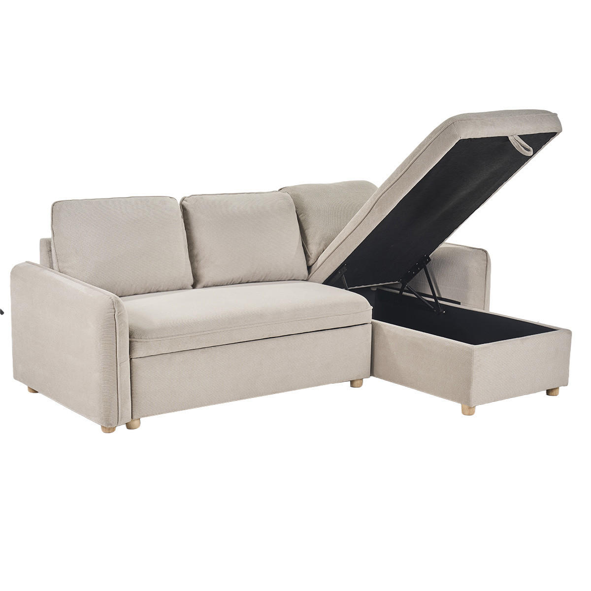 ECKSOFA mit umkehrbarer Schlaffunktion und Stauraum, 3-Sitzer in strukturiertem Samt-Optik Stoff beige und hellem Holz ORSO - Beige, Textil (139.5/83/212cm) - Miliboo