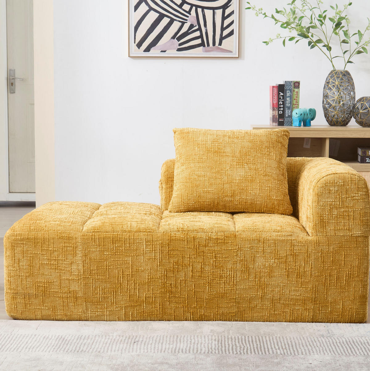 CHAISELONGUE Sofa Chenille mit Seitentaschen und Kissen 158/90/60 cm Gelb - Gelb, Textil (60/158/90cm) - Redom