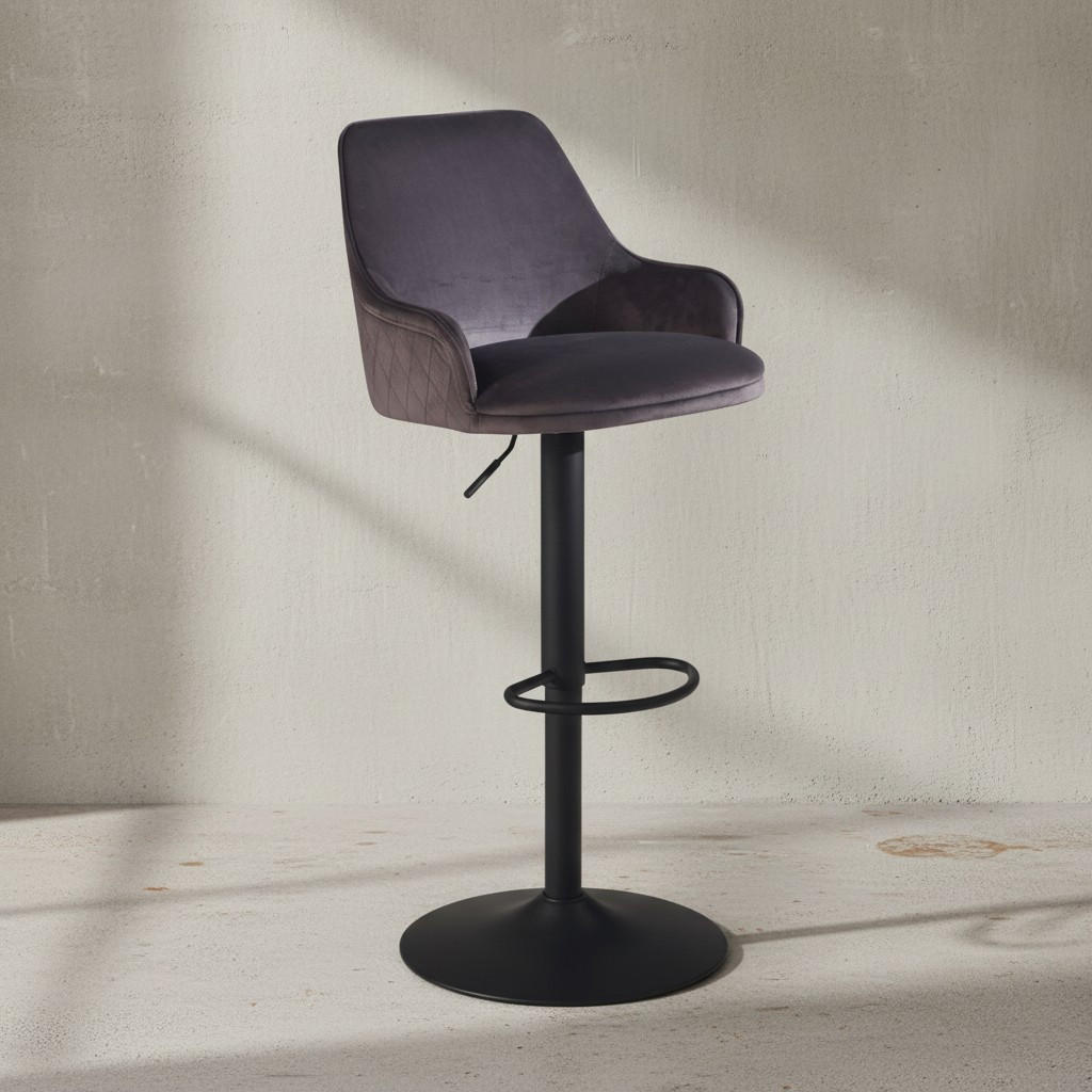 BARHOCKER Samt Lehne Höhenverstellbar Trompetenfuß Armlehne Gepolstert, Grau 45x45x106 cm - Schwarz/Grau, Textil/Metall (45/106/45cm) - KADIMA DESIGN