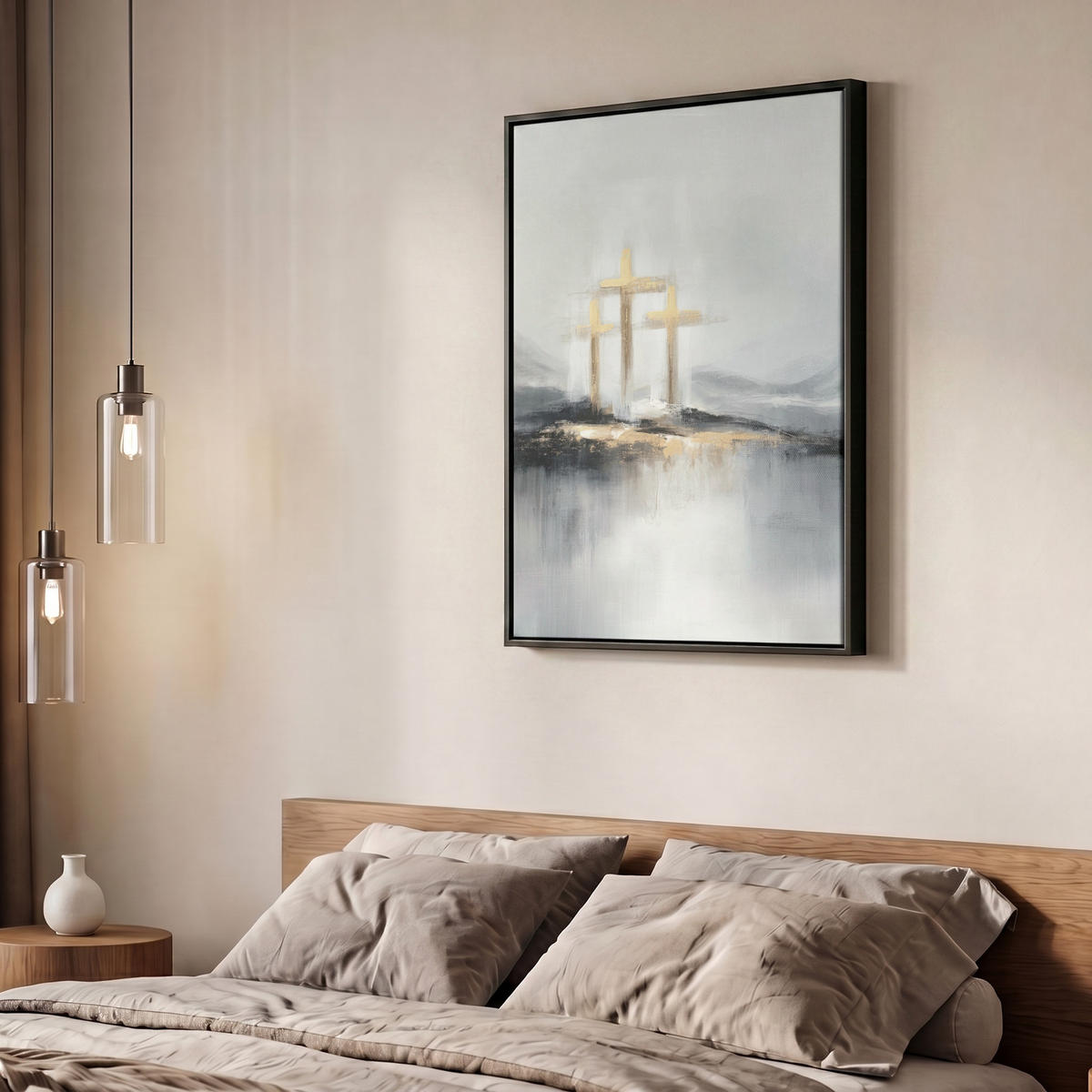 LEINWAND Bilder mit Rahmen - Abstrakt - Malerei - Christentum - Kreuz - 60x80 - Weiß, Textil (60/80cm) - MuchoWow