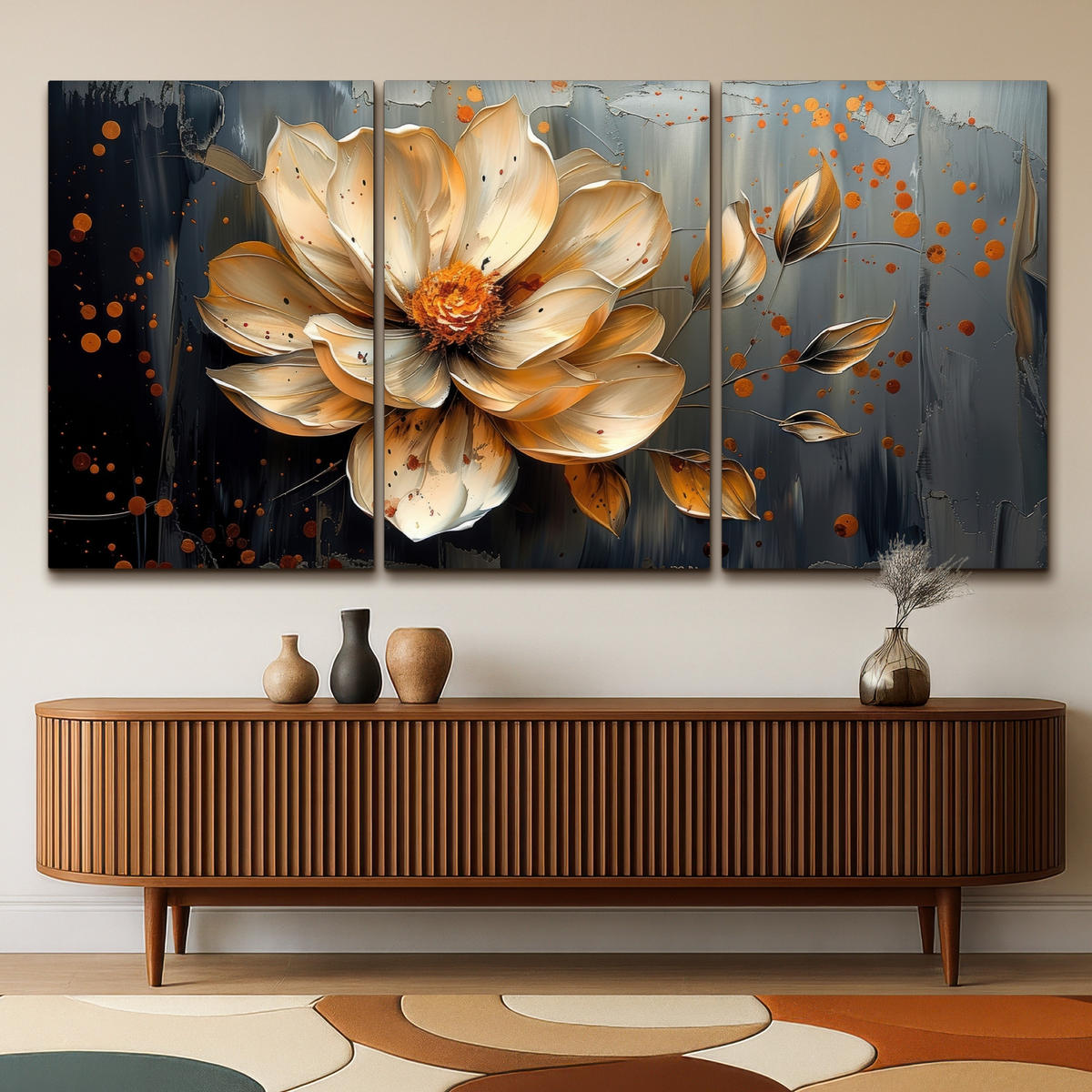 LEINWANDBILD 3er Set Blume - Gold - Abstrakt - Farbe 240x120 cm - Creme, Textil (240/120cm) - MuchoWow