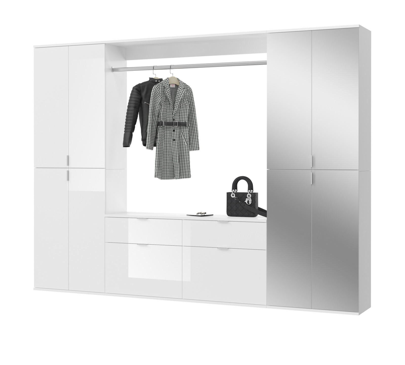 GARDEROBEN-SET weiß Hochglanz 243 cm mit Spiegel, Flurgarderobe - Chromfarben/Weiß Hochglanz, Glas/Holzwerkstoff (243/193/34cm) - Inn.Furn