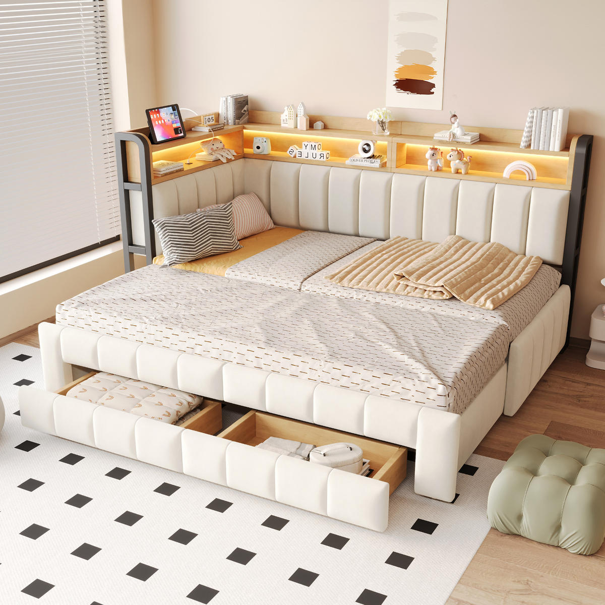 AUSZIEHBETT 90/180/200 cm DE-32703 mit Stauraum und LED Beige - Beige, Metall (90/200cm) - ComfortXL