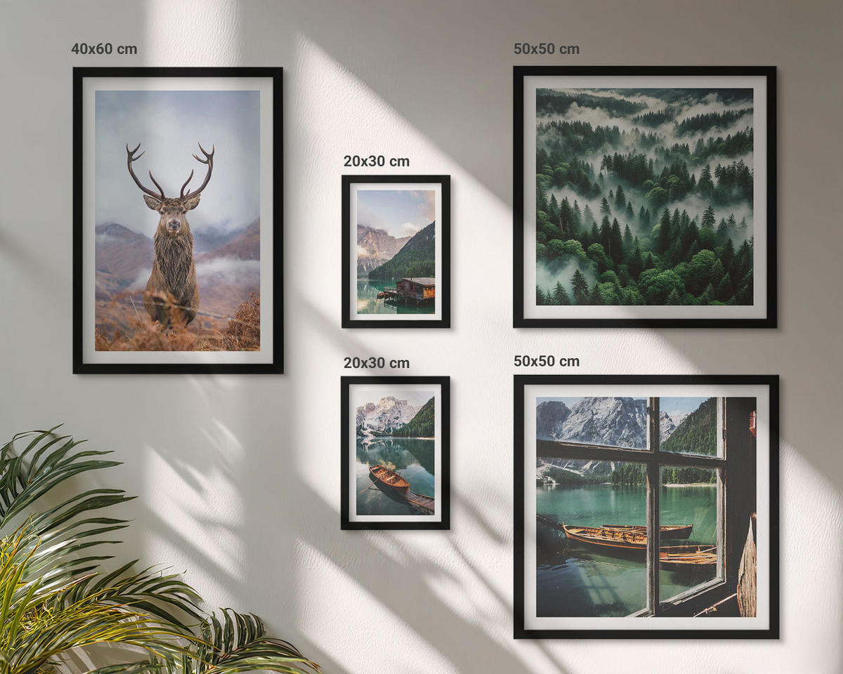 BILDER SET 5er Set - 50x50 cm & 20x30 cm & 40x60 cm Schwarzer Rahmen - Nebel auf dem Bergsee, Bootsfahrten, Nebel - Schwarz, Kunststoff (40/60cm) - TULUP